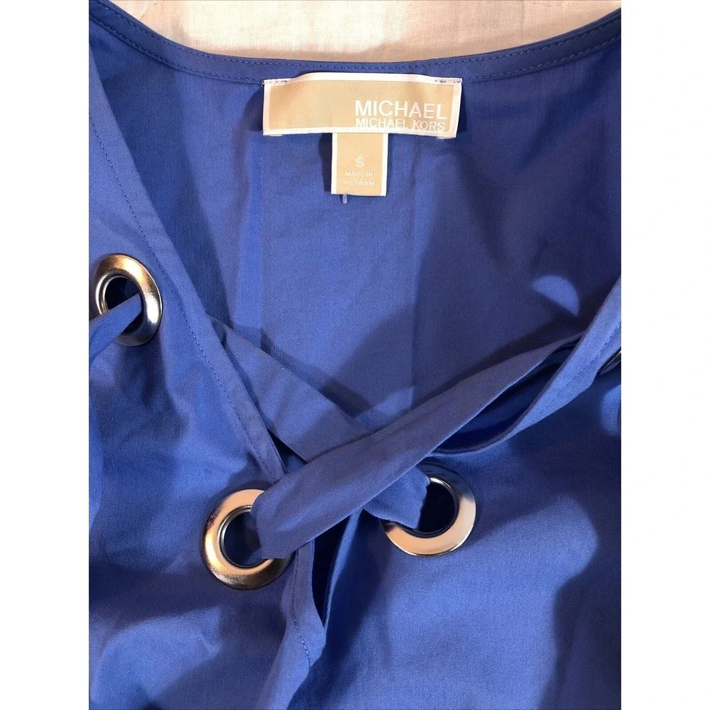 Michael Kors Blouse Women's Small Oxford‎ Blue Long Bell Sleeve Top Neck Tie New